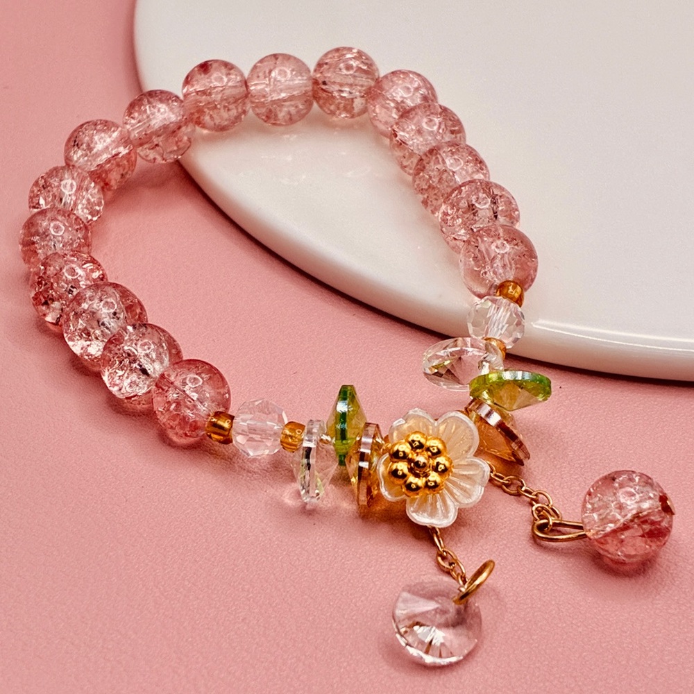 Light Pink Glass Beaded Elastic Bracelet with Floral Charms